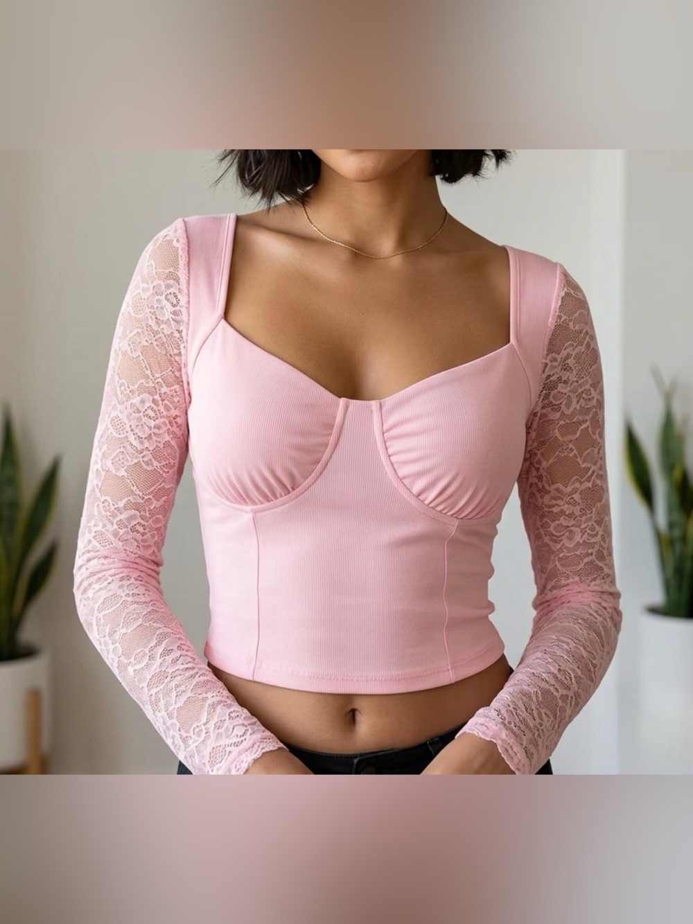 Wild Fable Pink Lace Long Sleeve Bustier Crop Top M